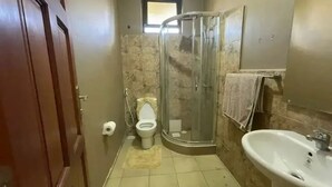 Une salle de bain avec des toilettes, une douche et un lavabo.