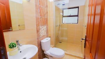 Een douche, een haardroger, handdoeken, zeep