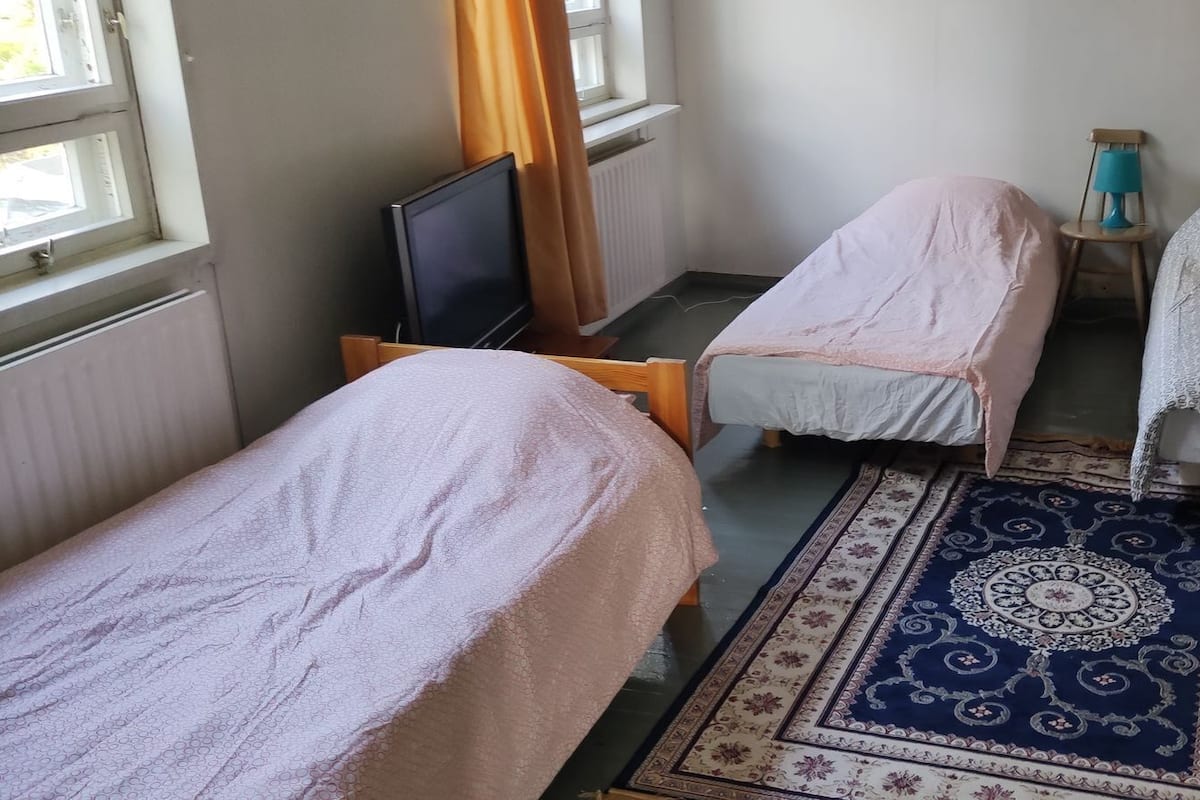 A room with two beds, a television, a small table, and a patterned rug.
