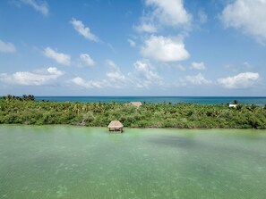 Une plage tropicale avec une cabane à toit de chaume située dans l’eau, entourée d’une végétation luxuriante et bordée d’eaux turquoise et cristallines.