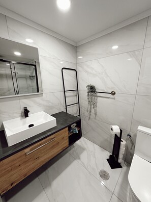 Hårtork, handdukar, tvål och toalettpapper