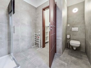 Um banheiro moderno com box de vidro, porta de madeira e vaso sanitário.