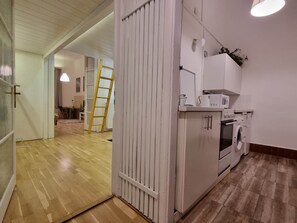 A modern kitchen with a microwave, oven, and washing machine. A wooden ladder is leaning against a white door.