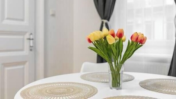 A table with a vase of tulips and a placemat. - IMCT - Dizsu's Place Budapest (Budapest)