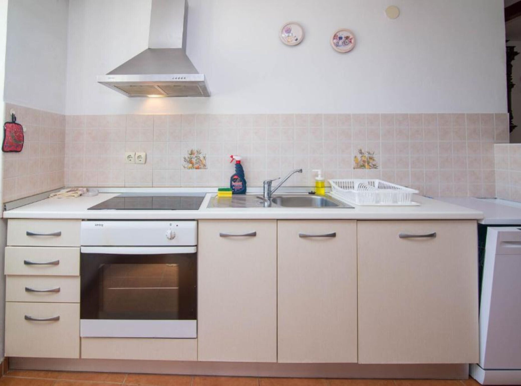 Fridge, stovetop, dishwasher, coffee/tea maker