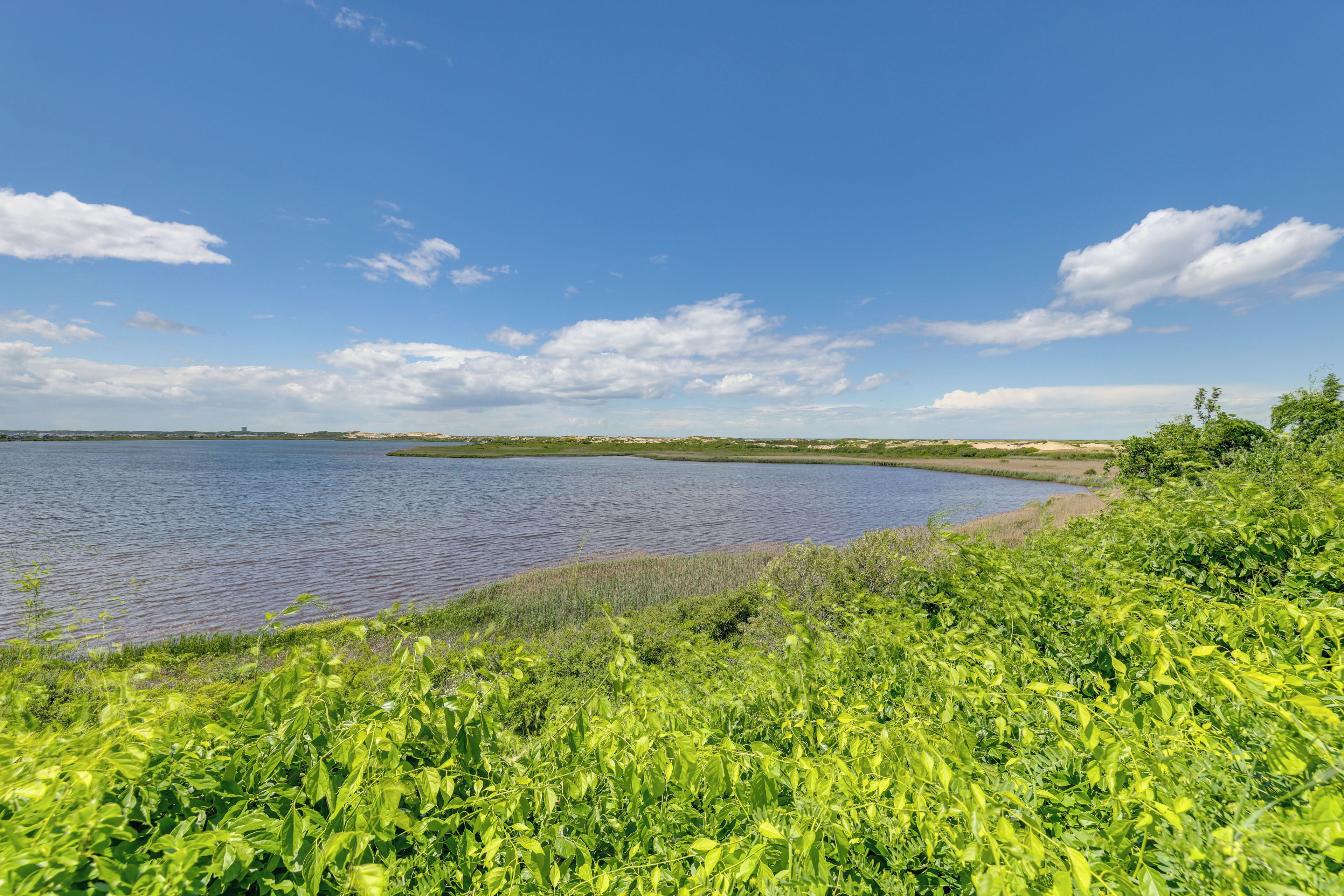 Een natuurlandschap met een waterpartij, grasvelden en een heldere lucht.