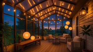 Ein gemütlicher, gut beleuchteter Patio-Bereich mit Holzboden, bequemen Sitzgelegenheiten und großen Fenstern mit Blick ins Freie.