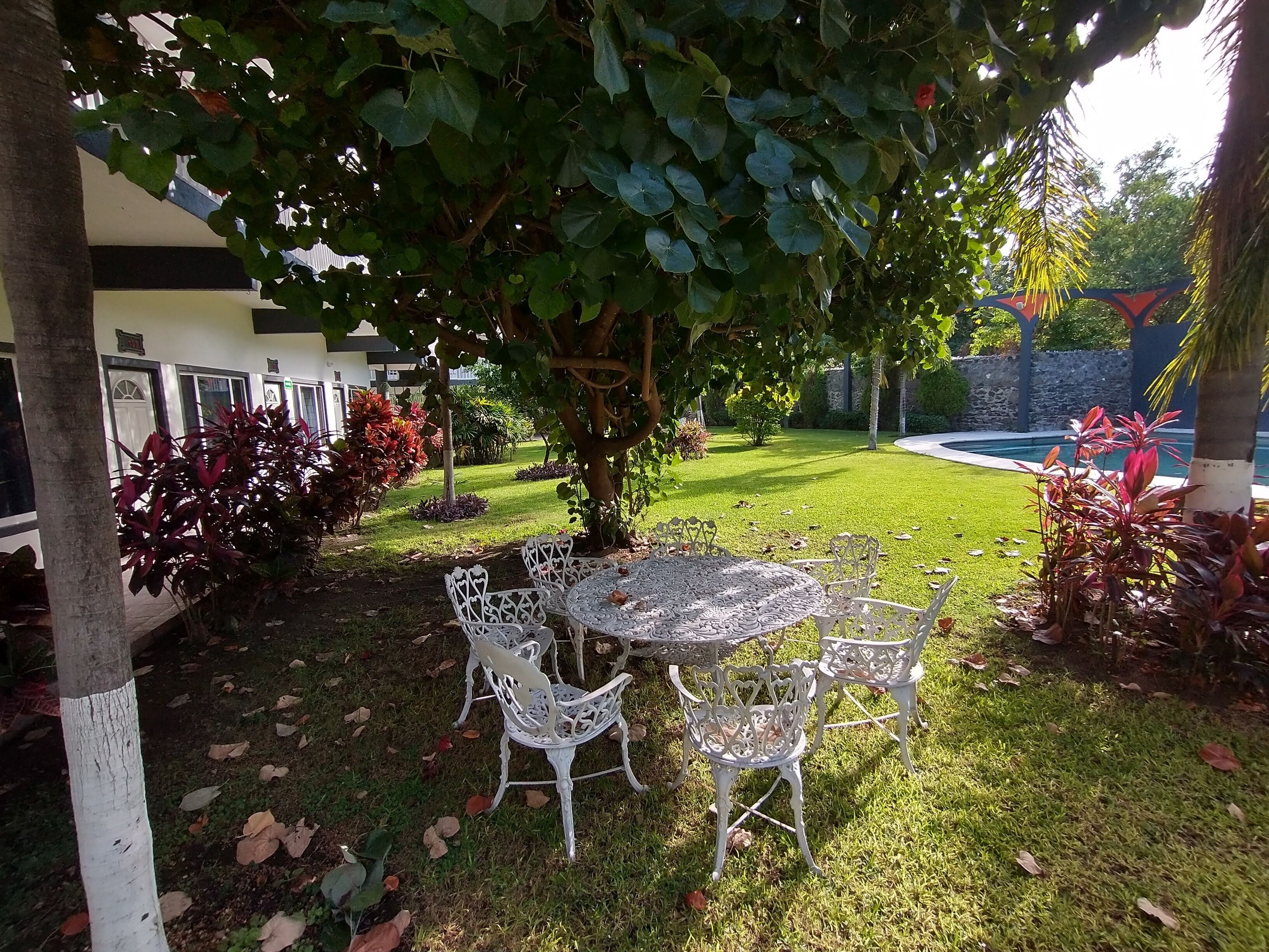 A garden area with a table and chairs, surrounded by greenery and a pool in the background.