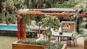 A garden with a wooden bench, a table, and chairs. There is a pool in the background.