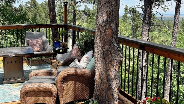 Una terraza con muebles de mimbre, un pequeño comedero para pájaros y plantas en macetas.