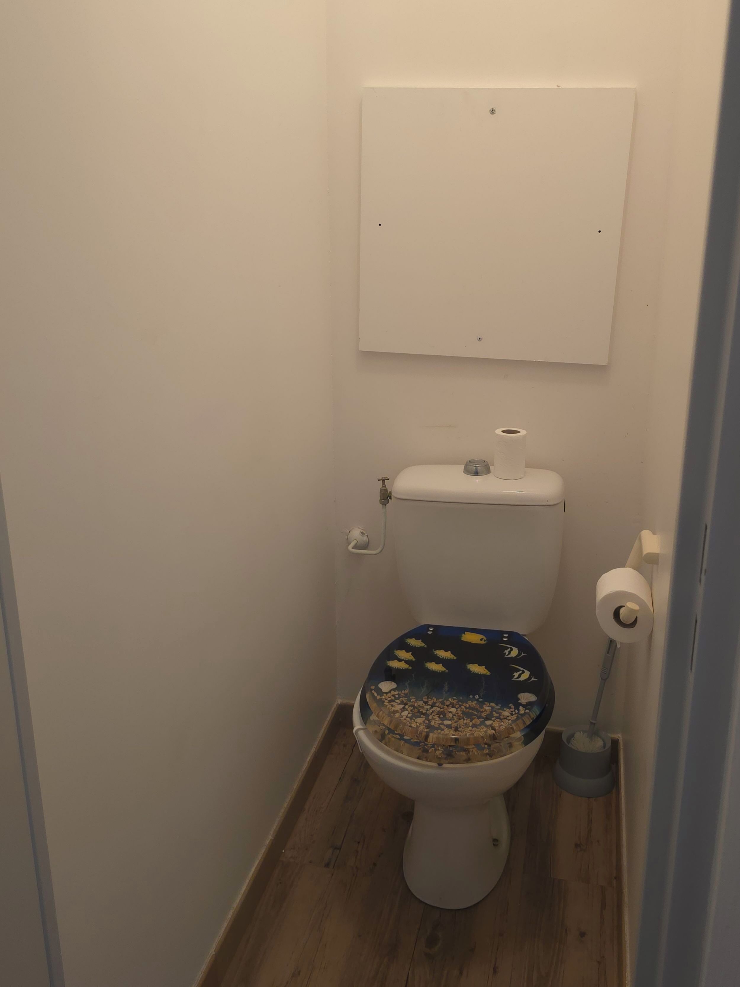 Um banheiro pequeno e estreito, com vaso sanitário, piso de madeira e porta-papel higiênico fixado na parede.