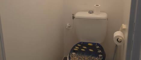 Um banheiro pequeno e estreito, com vaso sanitário, piso de madeira e porta-papel higiênico fixado na parede.