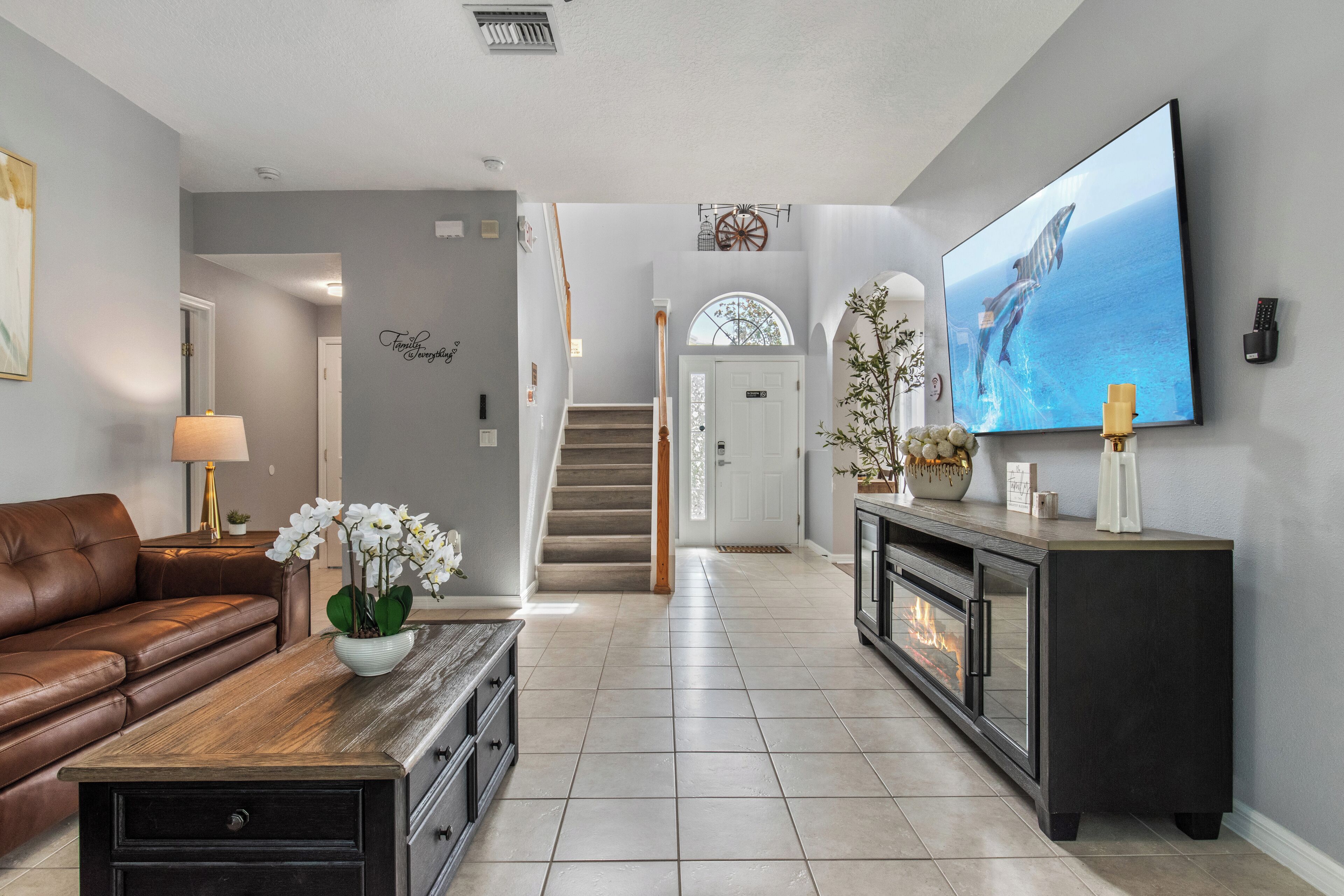 Smart TV, fireplace, video games, foosball