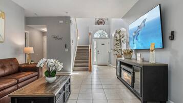 Smart TV, fireplace, video games, foosball