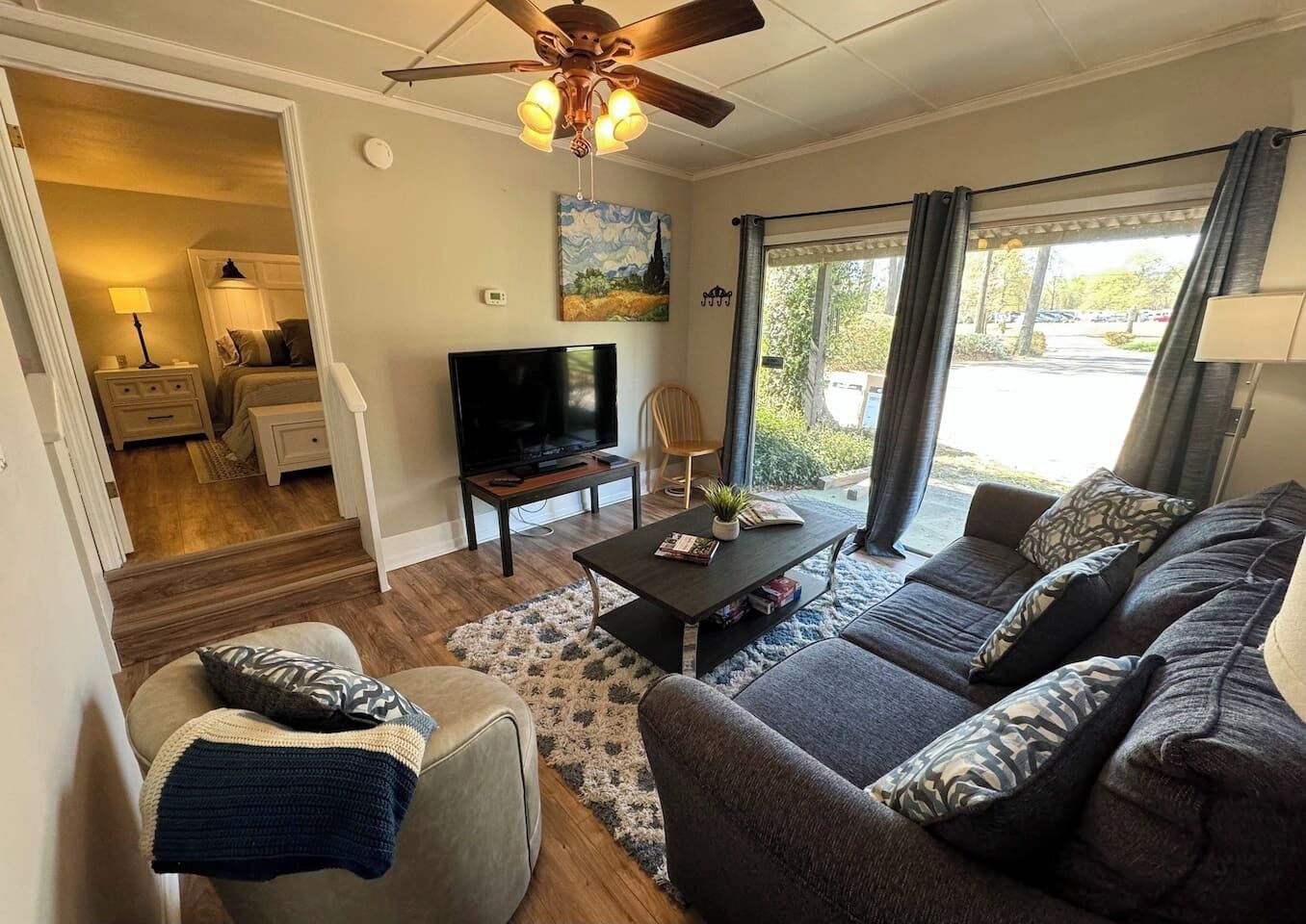 A living room with a sofa, a coffee table, a TV, a ceiling fan, and a painting on the wall.
