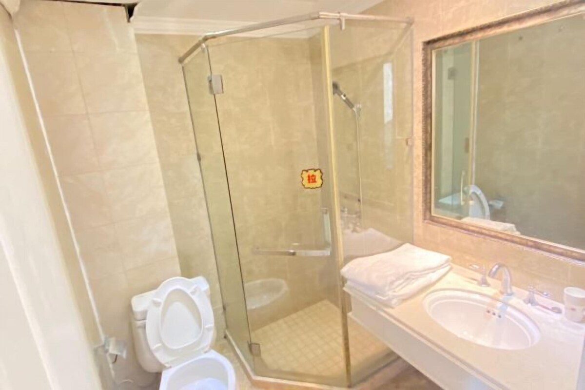 Een badkamer met een douche met glazen wand, toilet en een wastafel met spiegel.