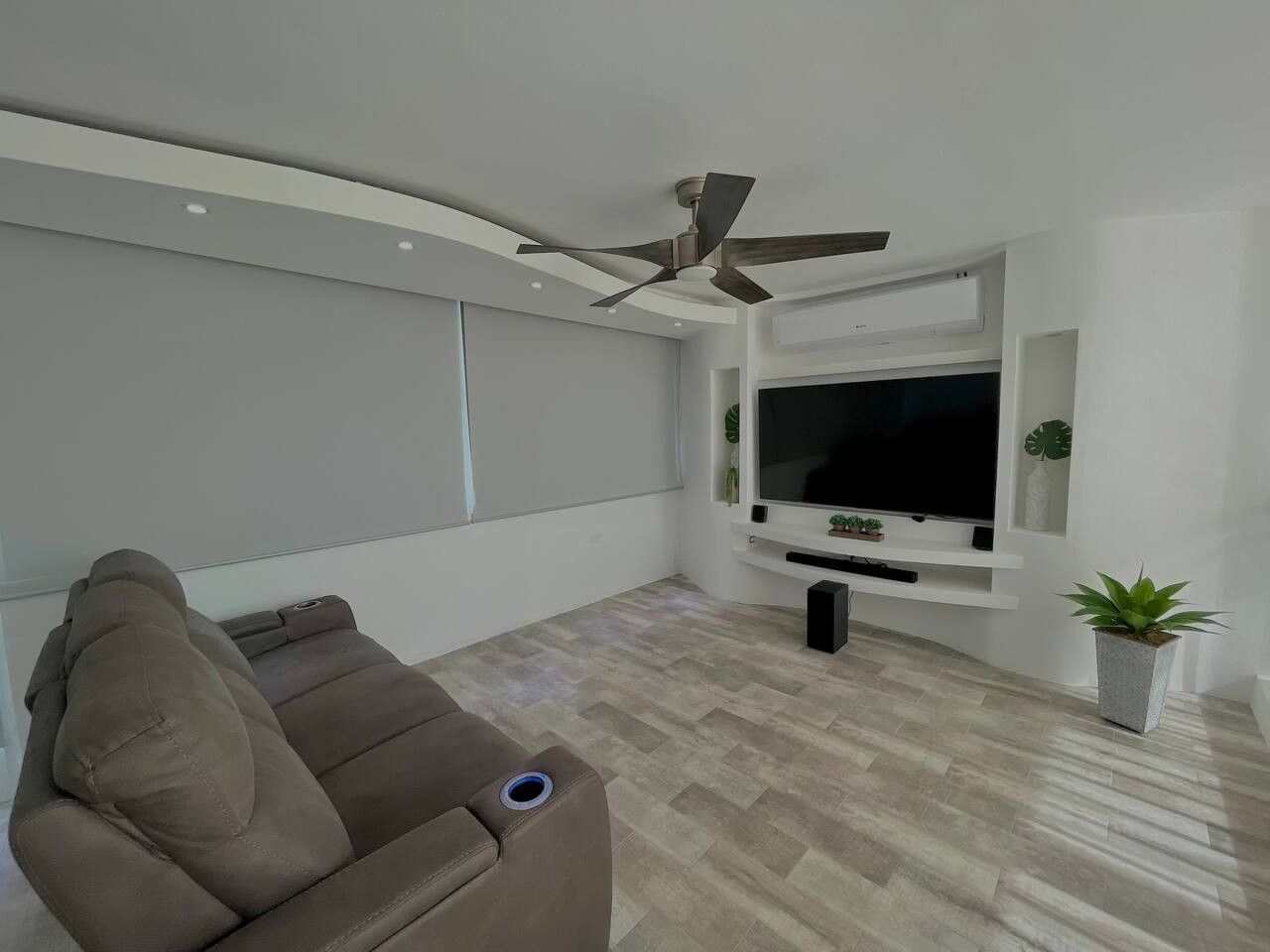 Una sala de estar moderna con un sofá, un televisor de pantalla plana, un ventilador de techo y una planta en maceta.