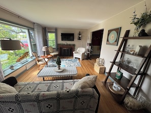 Smart TV, fireplace, DVD player, books