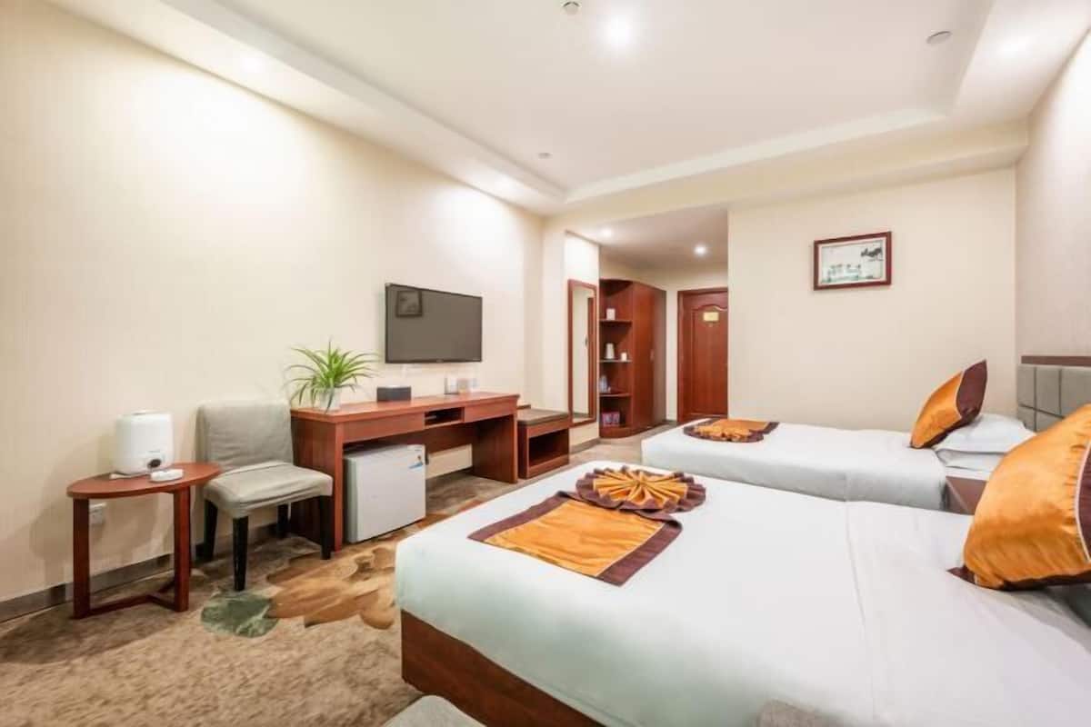 Une chambre d’hôtel avec deux lits, un bureau, une chaise, une télévision et une petite plante.