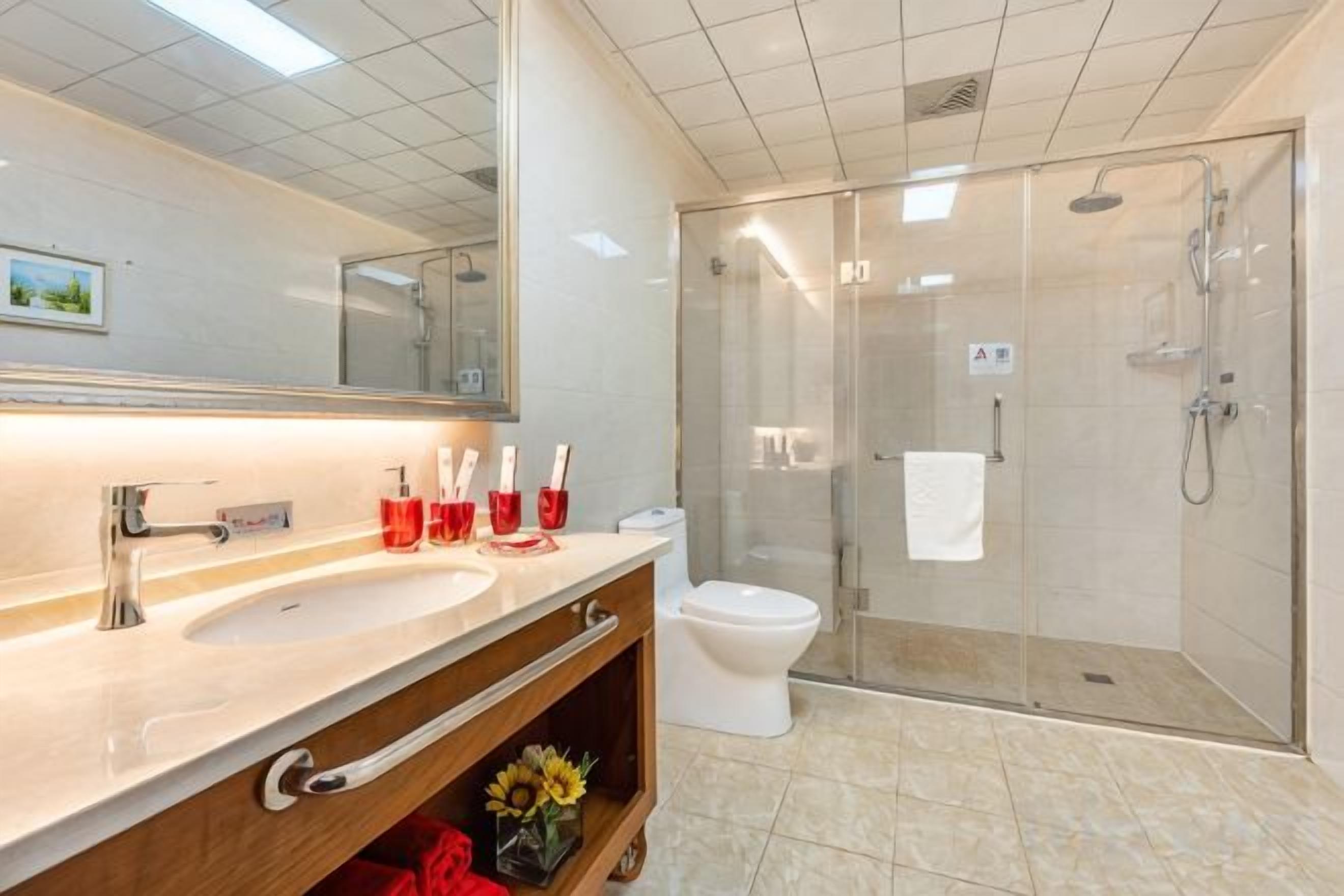 A modern bathroom with a glass shower enclosure, a white sink, and a large mirror.