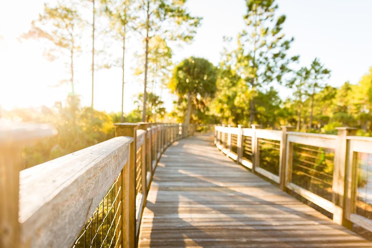 A wooden boardwalk with metal railings, surrounded by trees and greenery.