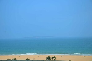 Una playa con una vista despejada del océano y tierra a lo lejos.