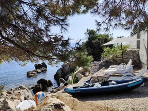 On the beach, sun-loungers, beach towels