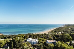 A coastal view with a beach, white buildings, and dense greenery.
