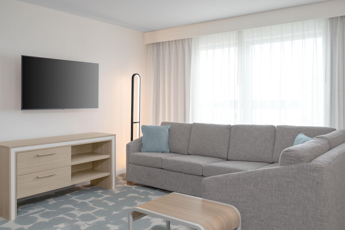 Una sala de estar moderna con un sofá gris, un televisor de pantalla plana, un escritorio de madera y una alfombra estampada.