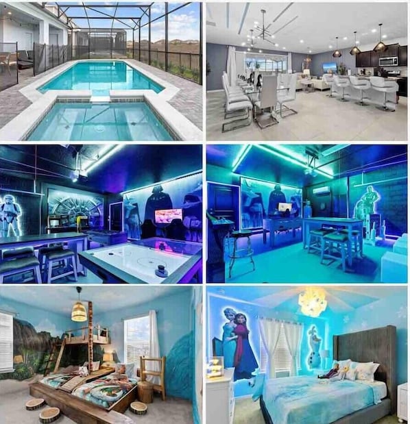 A modern hotel with a swimming pool, a dining area, a bar, and a bedroom with a mural.