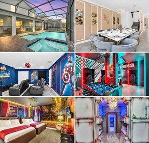 Ein Hotel mit Pool, Essbereich, einem Film-Themenzimmer, Spielraum, einem gemütlichen Schlafzimmer und einer futuristischen Diele.