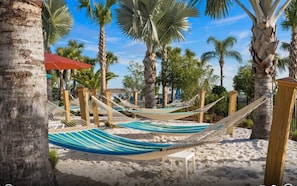Escena de playa con hamacas y palmeras.