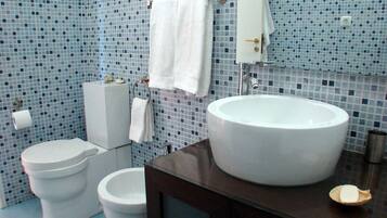Hair dryer, bidet, towels, soap