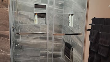 Hair dryer, towels, soap, shampoo