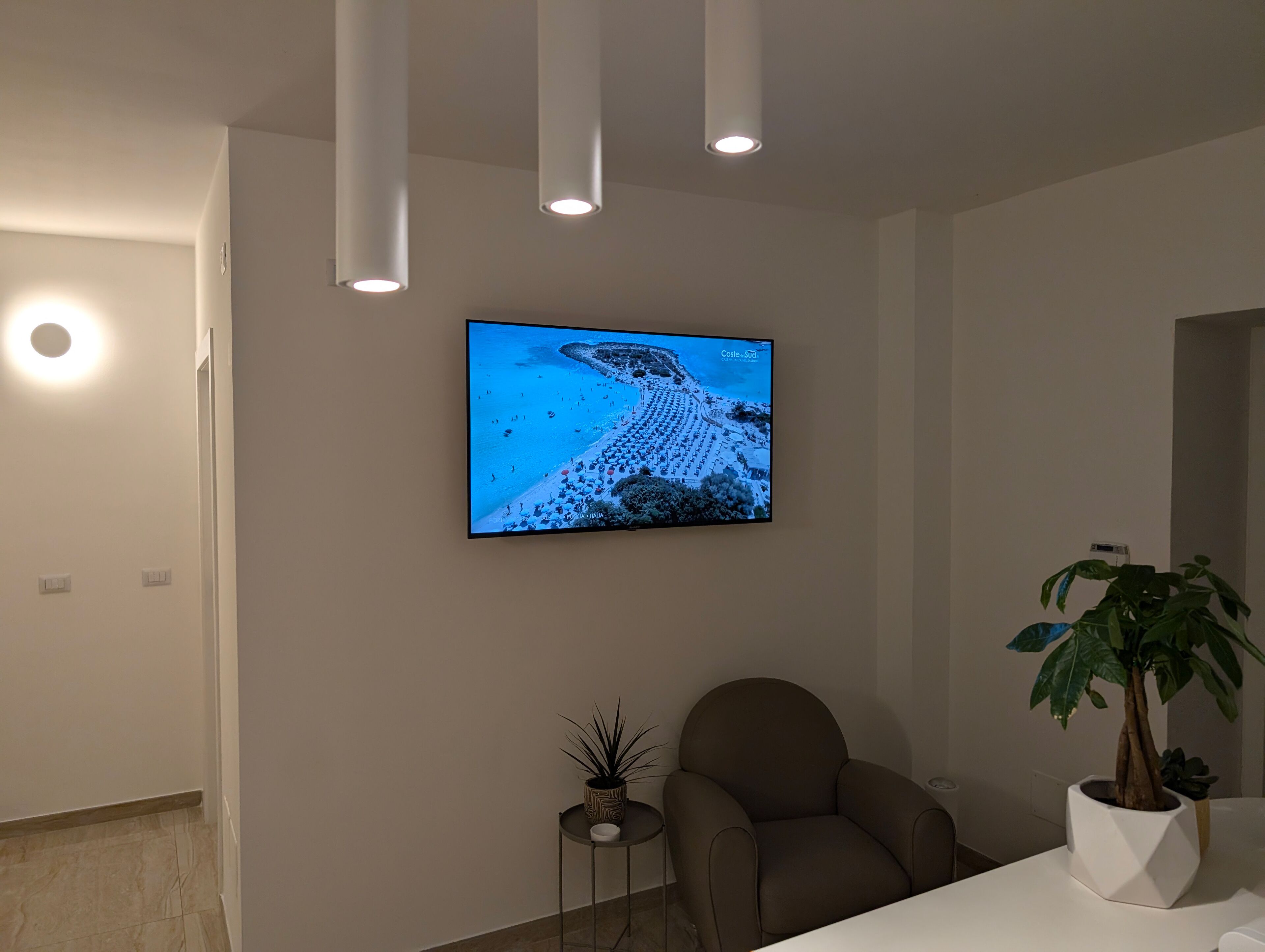 Una habitación moderna con televisor de pantalla plana en la pared, un sillón cómodo, una mesita auxiliar con una planta e iluminación empotrada en el techo.