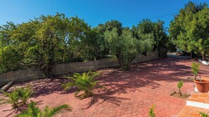 Stroll along the shaded walkway, lined with lush greenery and bordered by a low wall and wooden fence.