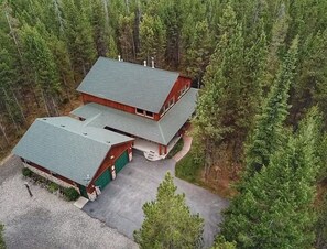 Une cabane à deux étages, dotée d’un toit végétalisé, entourée d’une forêt dense.