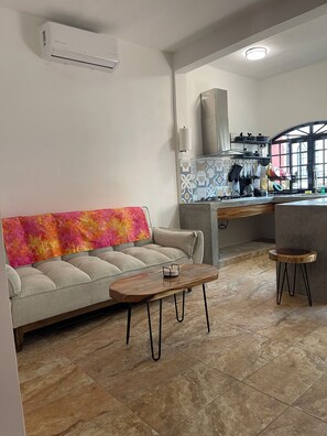 Leilighet – deluxe | Oppholdsområde | En 55-tommers smart-TV med digitale kanaler samt strømmetjenester