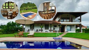 A modern house with a swimming pool, a dining area, and a kitchen. - Villa Privada eje Cafetero (Quindío)
