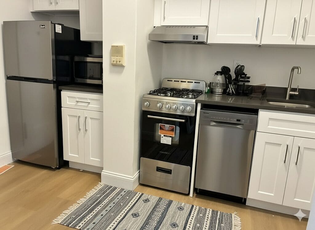 Fridge, microwave, oven, coffee/tea maker