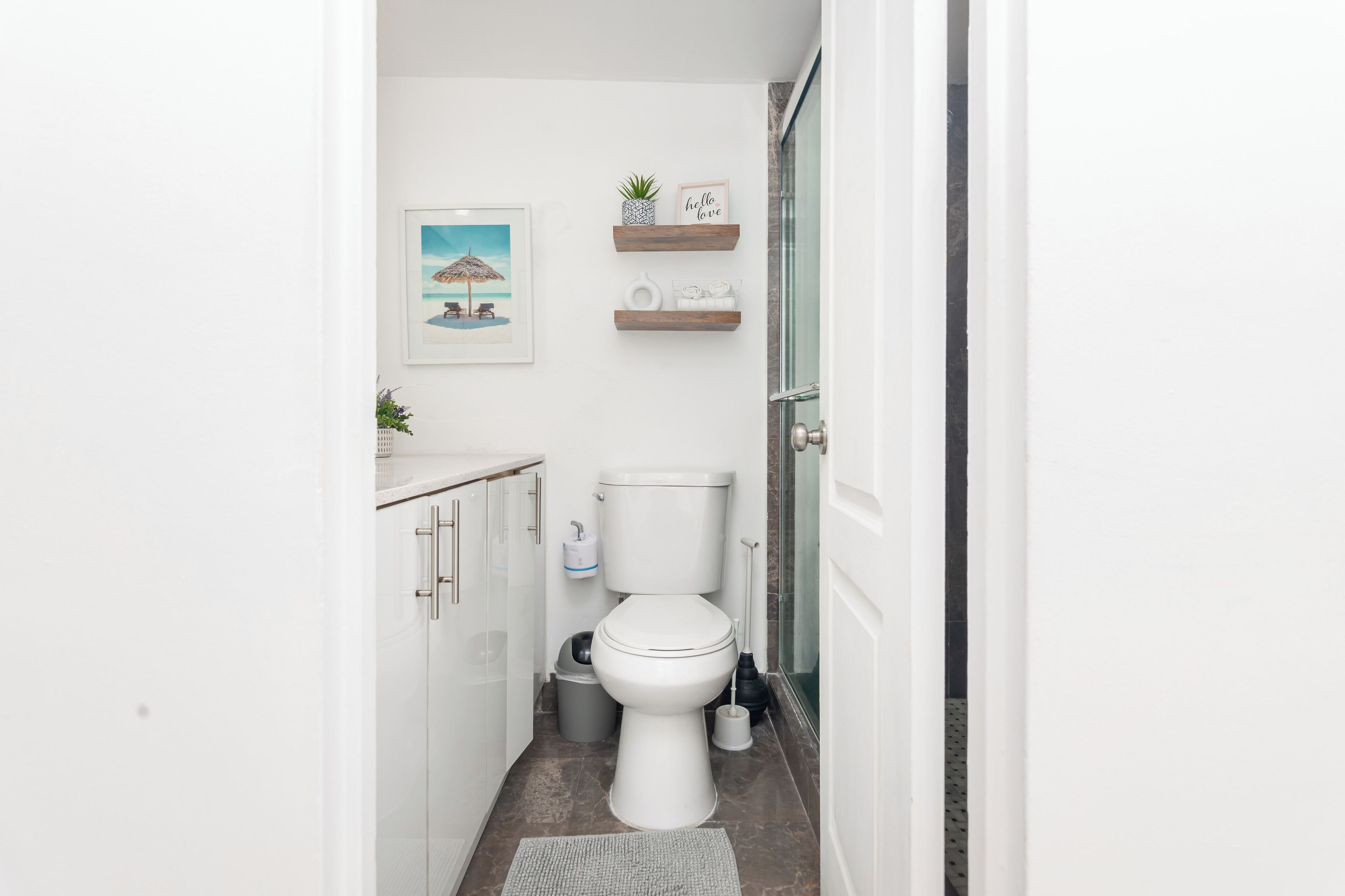 Une petite salle de bain comprenant des toilettes, un petit lavabo et un espace douche. Des éléments décoratifs ornent le mur, et un tableau encadré est accroché au-dessus des toilettes.
