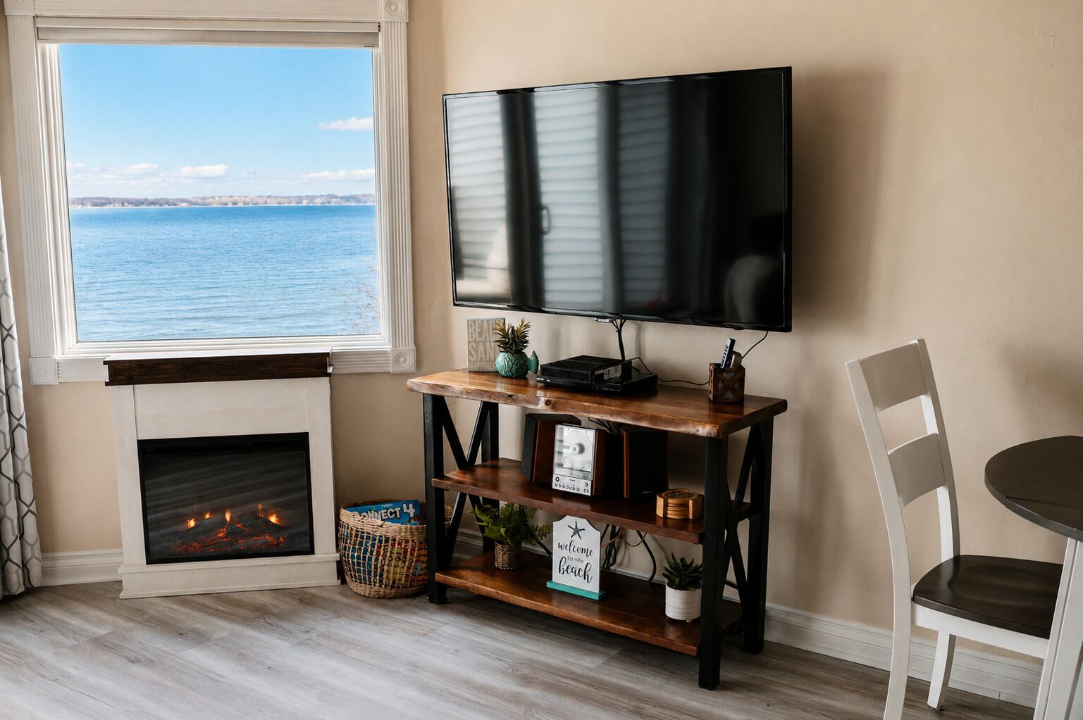 Smart TV, fireplace, DVD player, books