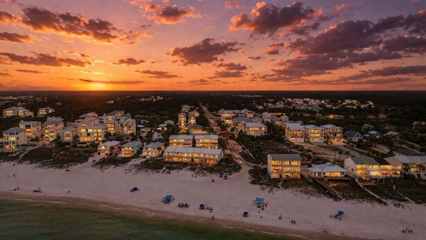 A coastal resort with beachfront villas, a sandy beach, and a sunset view. - Shoreline Breeze | Steps to the Beach | Beautiful views from 2nd and 3rd balconies (Inlet Beach)