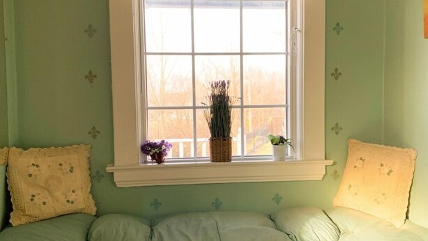 A room with a built-in bench along a window, a small plant on the windowsill, and a decorative pillow on the bench. - Private Room with en-suit Bathroom 3 Mins to Falls (Niagara Falls)