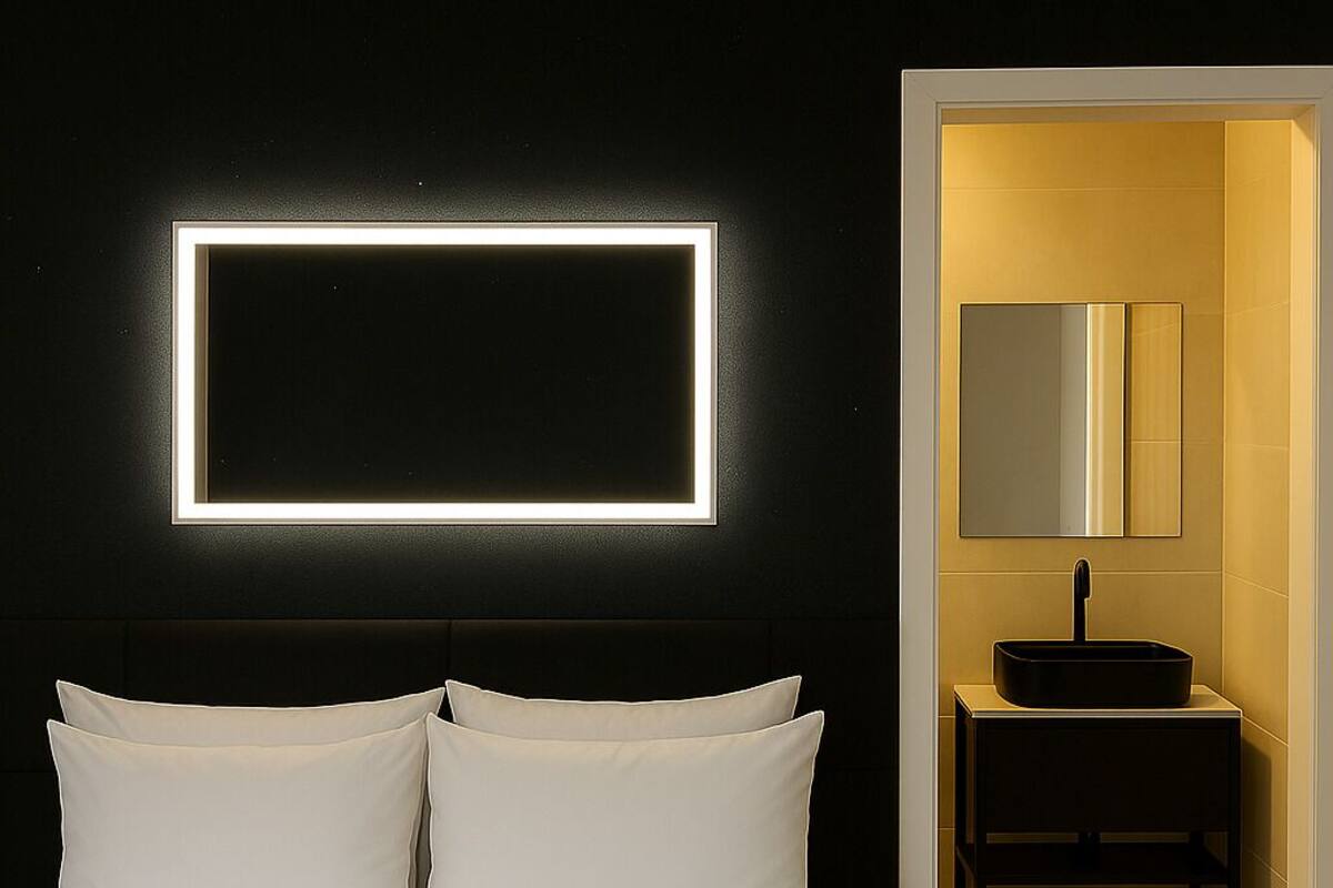 A neatly made bed with white linens and a decorative pillow, a bedside table with a black sink, and a modern light fixture above the bed.