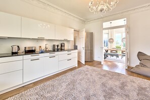 A modern kitchen with white cabinets, stainless steel appliances, and a large rug.