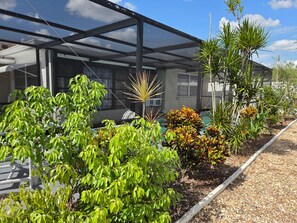 A greenhouse with a metal frame and glass panels, surrounded by various plants and shrubs. - Spacious 3BR Retreat/Backyard with BBQ & Pool (New Port Richey)