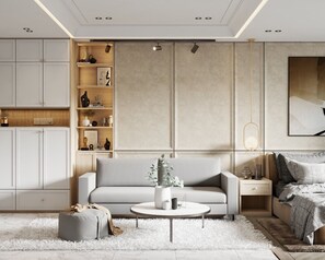 Apartamento luxo | Escrivaninha, espaço de trabalho para notebook, cortinas blackout