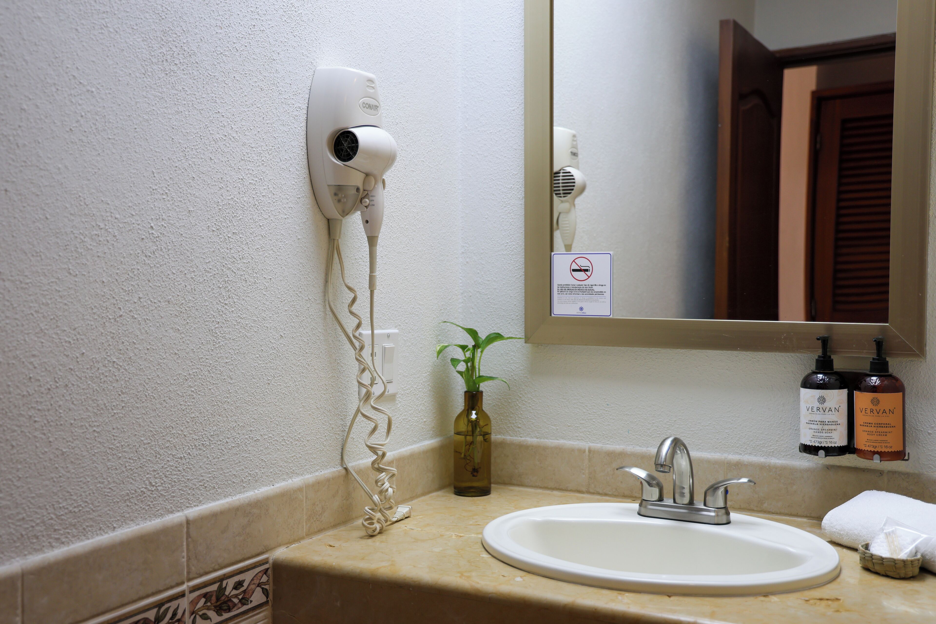 A bathroom with a hairdryer mounted on the wall, a sink, a mirror, a bottle of shampoo, and a plant in a bottle.