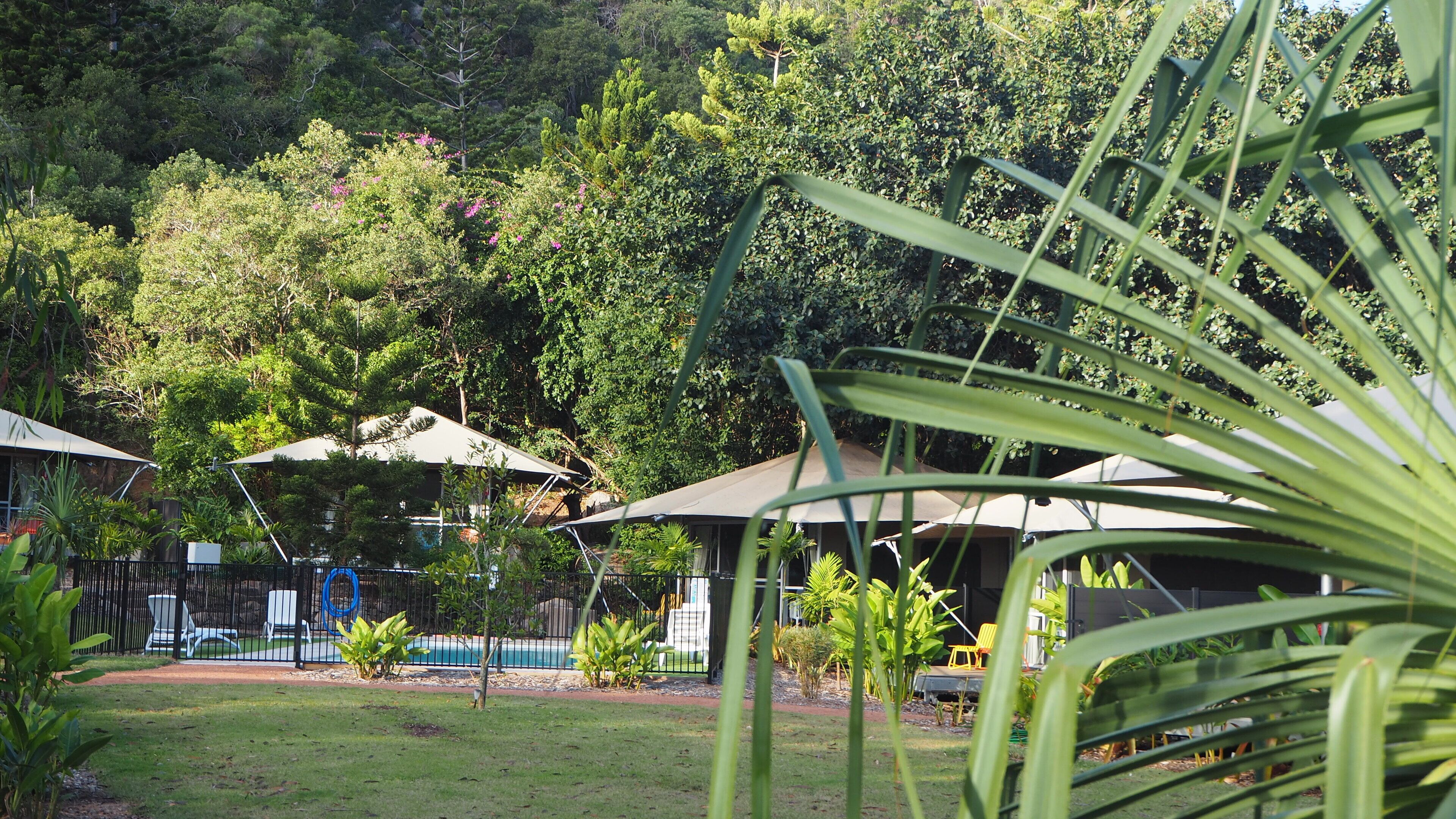 Un exuberante jardín con piscina, mobiliario exterior y un pabellón.